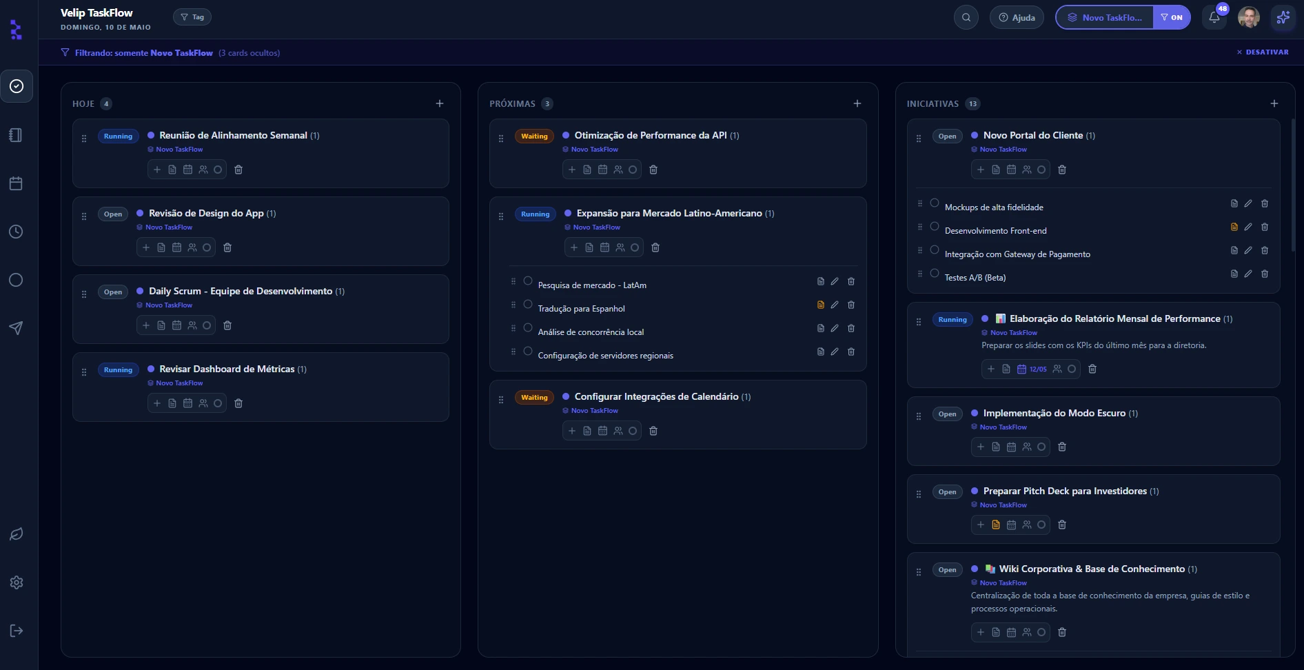 Velip TaskFlow: Board kanban com colunas Hoje, Próximas e Iniciativas