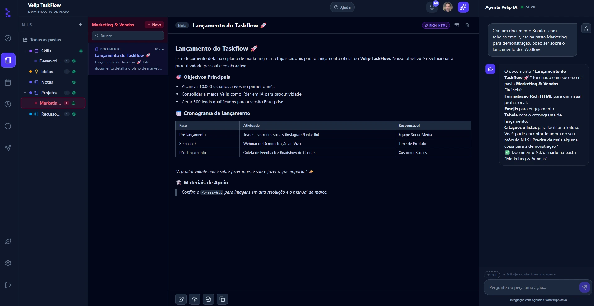 Velip TaskFlow: Base de conhecimento N.I.S. com documento aberto, pastas hierárquicas e agente IA no painel lateral