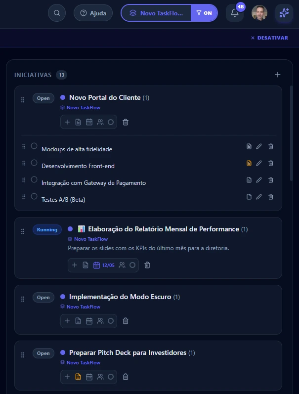 Velip TaskFlow: Coluna do board com cards, subtarefas e workflow tags