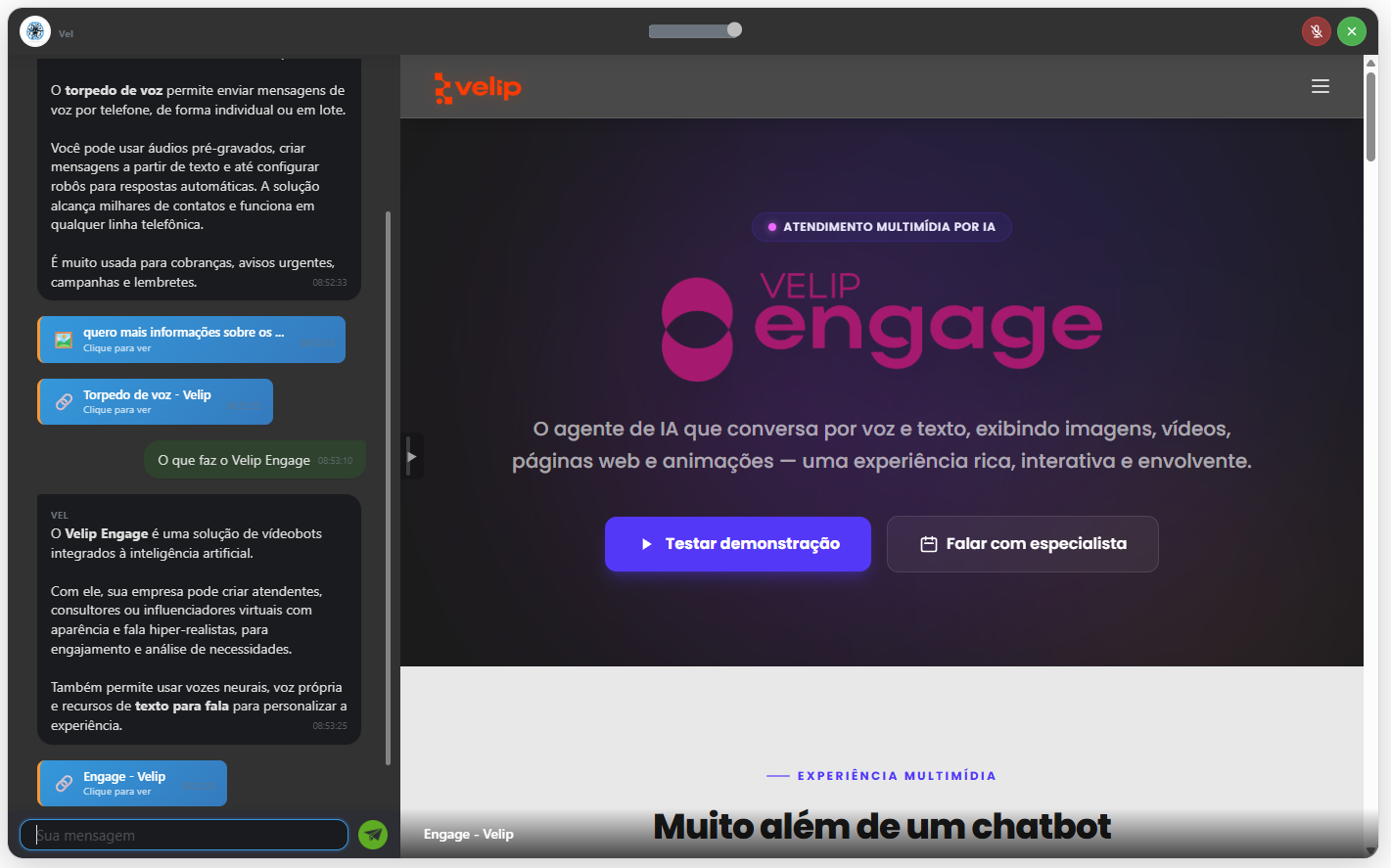 Velip Engage — Agente de IA conversando com cliente em tempo real via chat multimídia